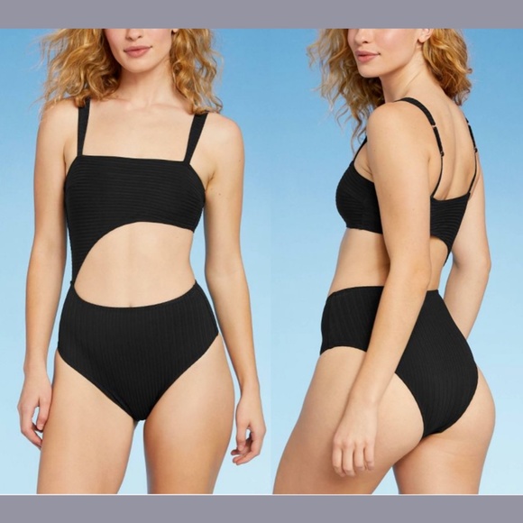 NWT Shade & Shore [ Medium ] Ribbed Cut Out One Piece Swimsuit in‎ Black - Picture 1 of 11